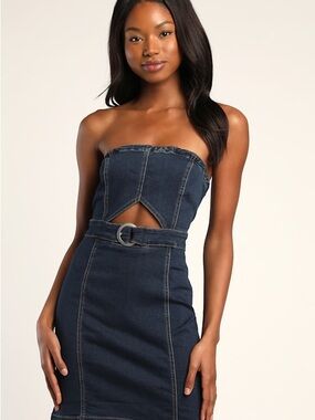 As If Dark Wash Denim Belted Strapless Dress